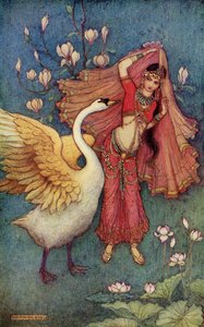 दमयंती और हंस, 1913 में प्रकाशित डोनाल्ड ए। मैकेंजी द्वारा &39;इंडियन मिथ एंड लीजेंड&39; का चित्र